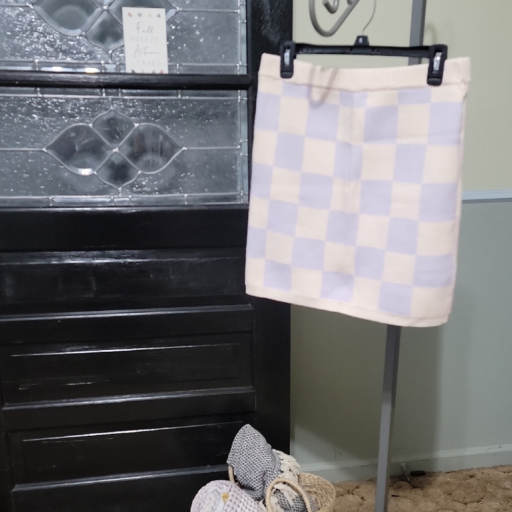 Miss Sparkling Cream And Lavender Checkered Knit Mini Skirt Woman Size XL